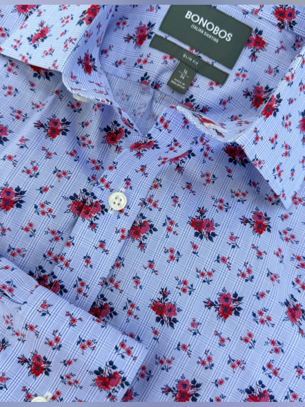 Men’s BONOBOS blue floral long sleeve button up shirt 16 34 Slim Fit Cotton